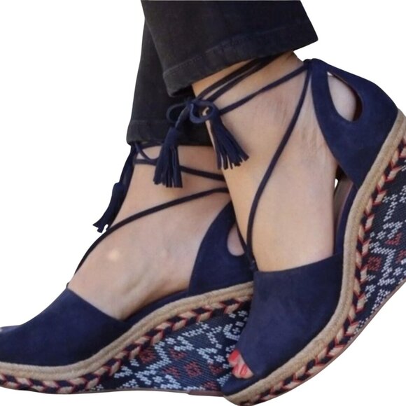 CAbi Shoes - Cabi Wrap Lace-Up Blue Suede Leather Espadrille Aztec Wedge Heel Women's 5M